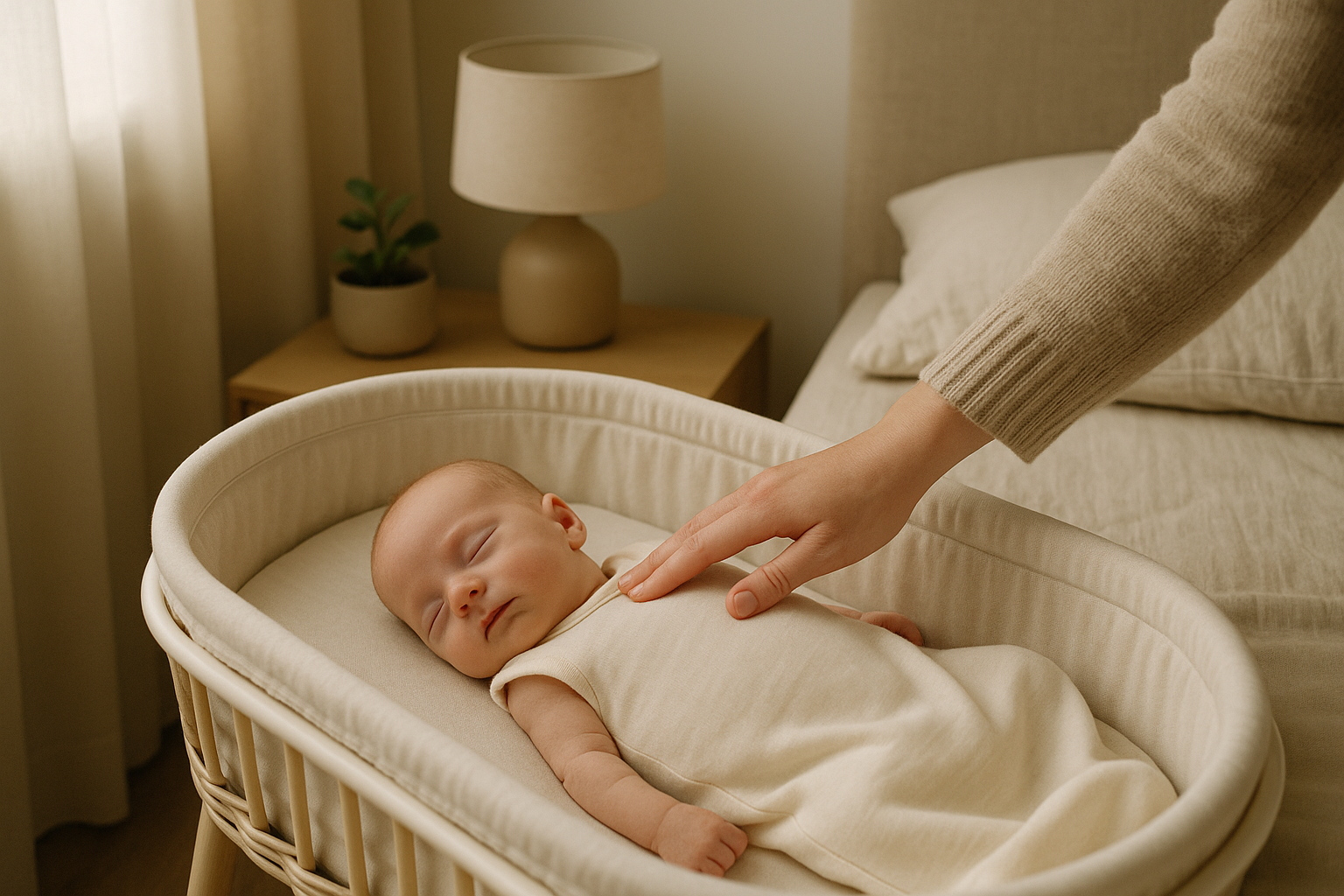 Sicherer Schlaf fuer fruehchen zu hause: Rueckenlage im Schlafsack im leeren Beistellbett, Hand am Nacken.