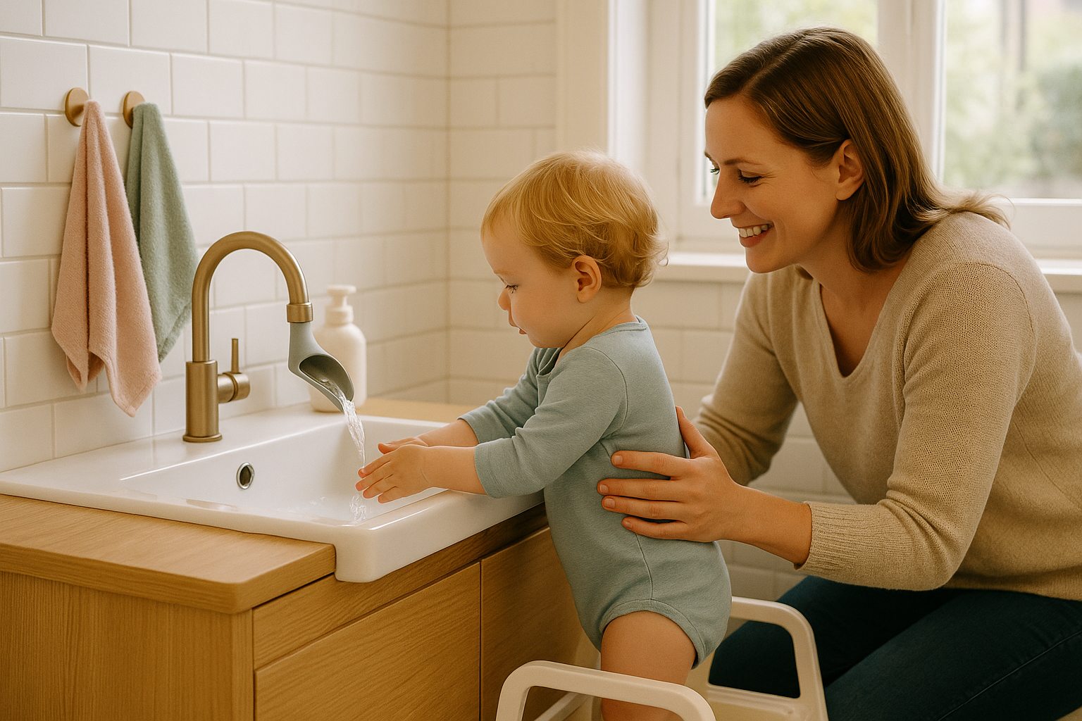 Kleinkind auf rutschfestem Hocker erreicht den Wasserhahn mit Verlaengerung – Haendewaschen mit Kindern selbstaendig.