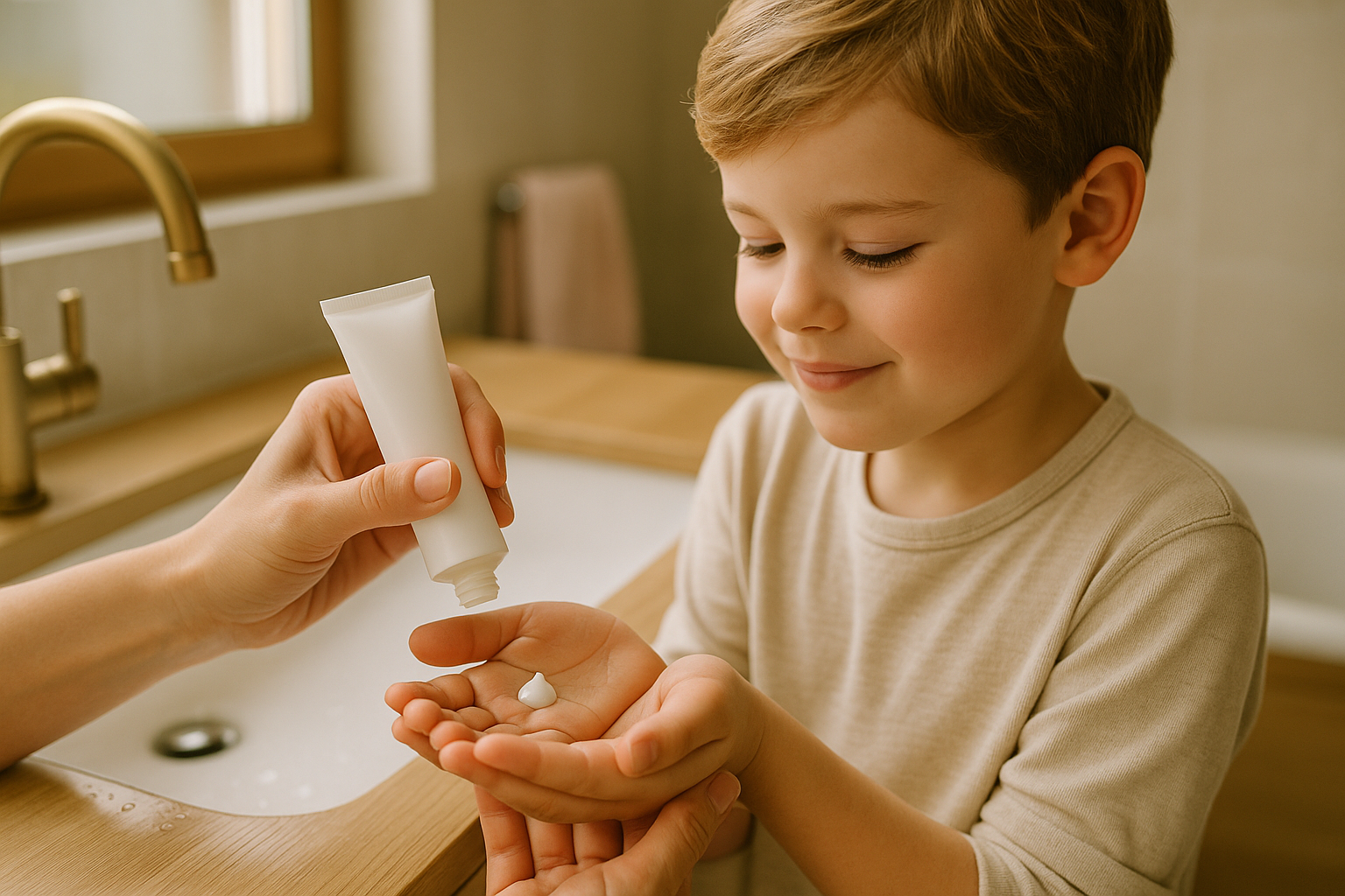 Nach dem Waschen traegt Mutter sanfte Handcreme auf Kinderhaende auf – Haendewaschen mit Kindern und Hautschutz.