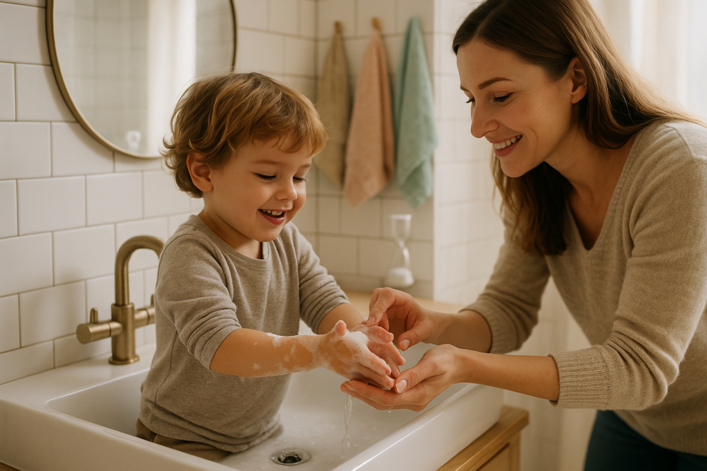 Mutter und Kind waschen gemeinsam die Haende am Waschbecken – Haendewaschen mit Kindern als warmes Alltagsritual.