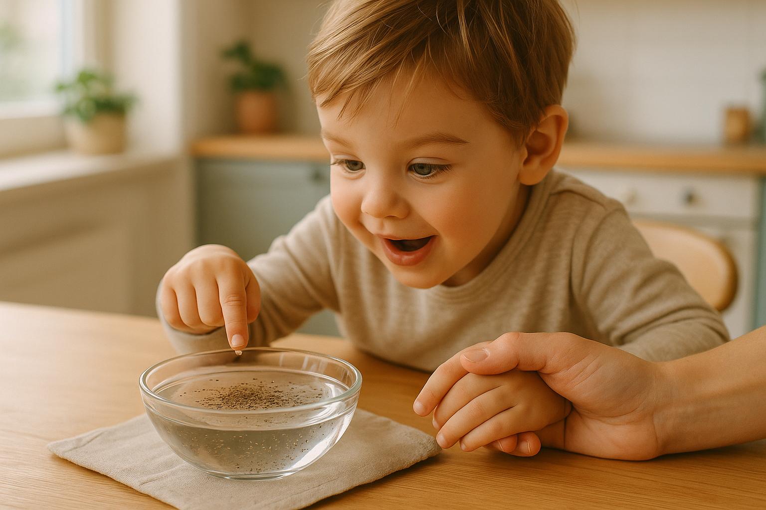 Pfeffer-und-Seife-Experiment am Tisch: Kind tippt mit seifigem Finger ins Wasser – Haendewaschen mit Kindern spielerisch.