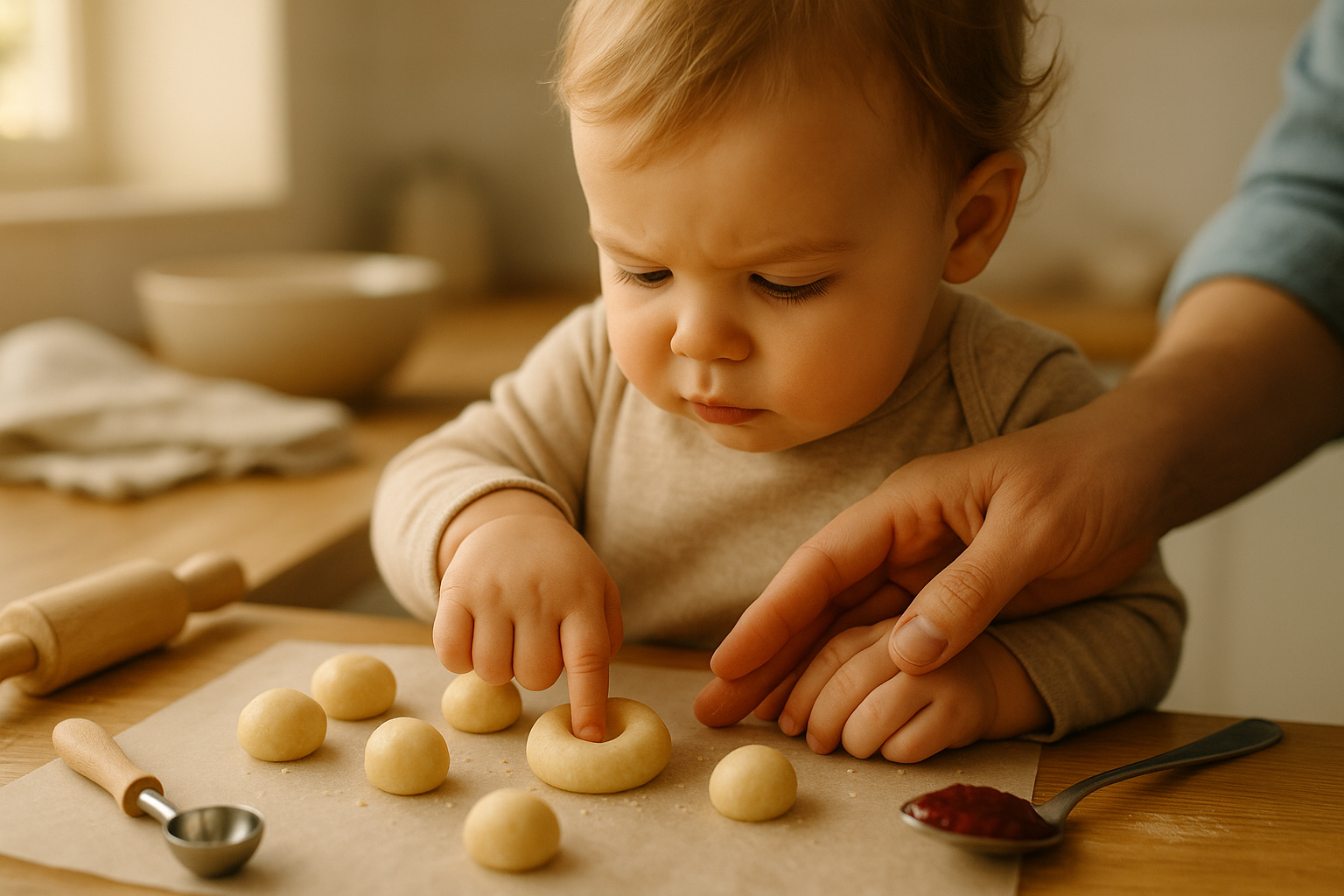 Plaetzchen backen mit Kleinkind: Kind drueckt Daumenmulden in Teig, Elternhand hilft sanft