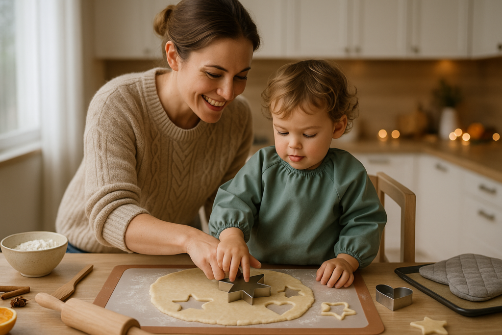 Plaetzchen backen mit Kleinkind: Eltern und Kind rollen Teig und stechen Kekse in heller Winterkueche aus