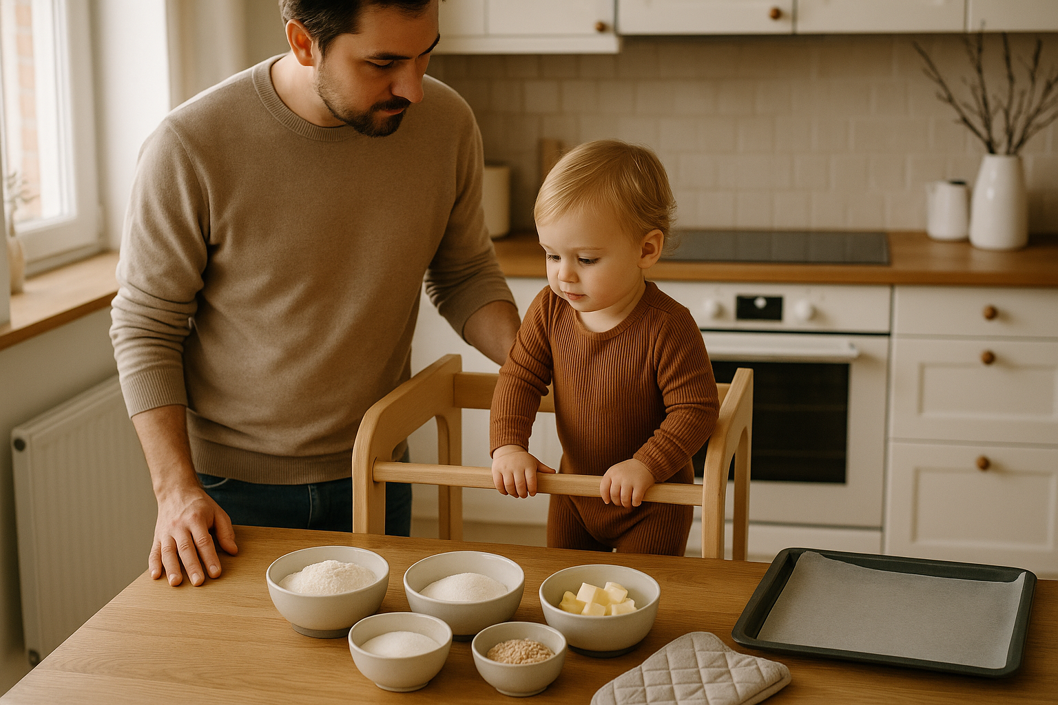 Plaetzchen backen mit Kleinkind: kindersichere Backstation mit Lernturm, Silikonmatte und Mise en Place