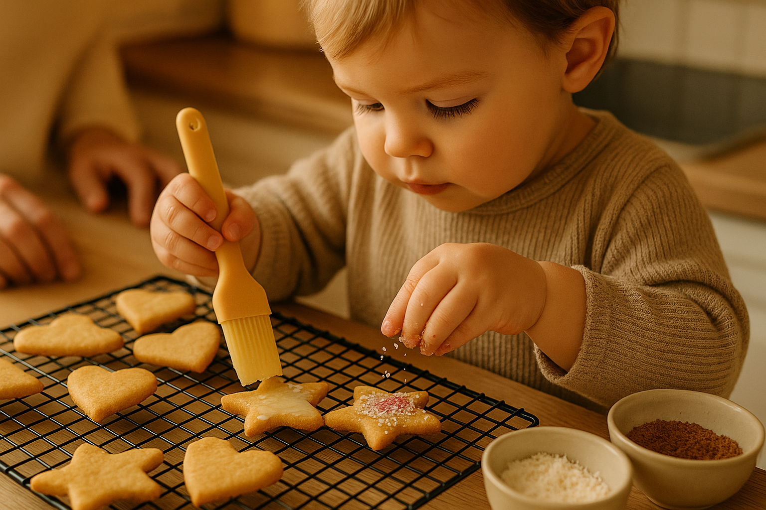 Plaetzchen backen mit Kleinkind: zarter Zuckerguss und Kokos als sichere Deko auf Ausstechern