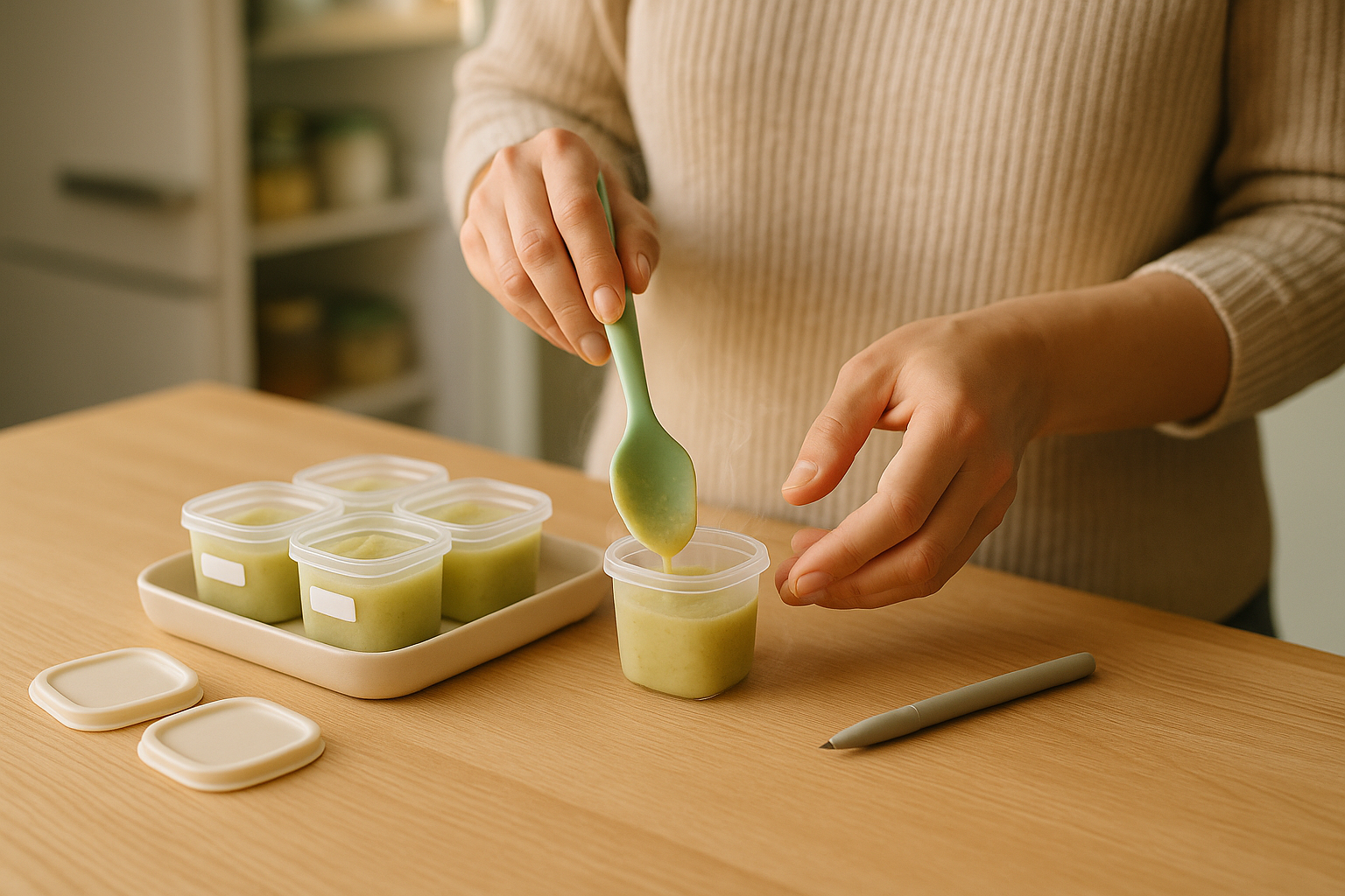 Frische Breiportionen für Frühchen in kleine Behälter gefüllt und datiert – Meal-Prep für proteinreiche Rezepte für Frühchen.