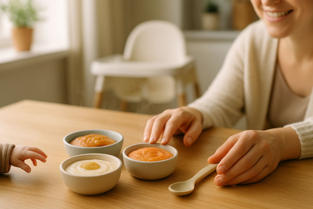 Drei Babybreie als proteinreiche Rezepte für Frühchen auf Holztisch, Elternhand und kleine Babyhand, warme Küche.