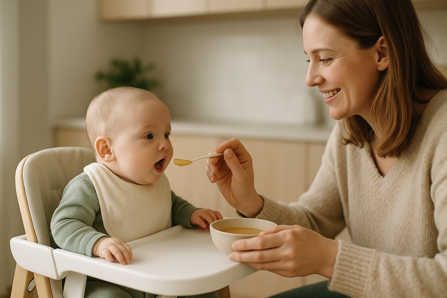 Frühchen mit guter Kopfkontrolle im Hochstuhl, öffnet den Mund für den Löffel – Einstieg in proteinreiche Rezepte für Frühchen.