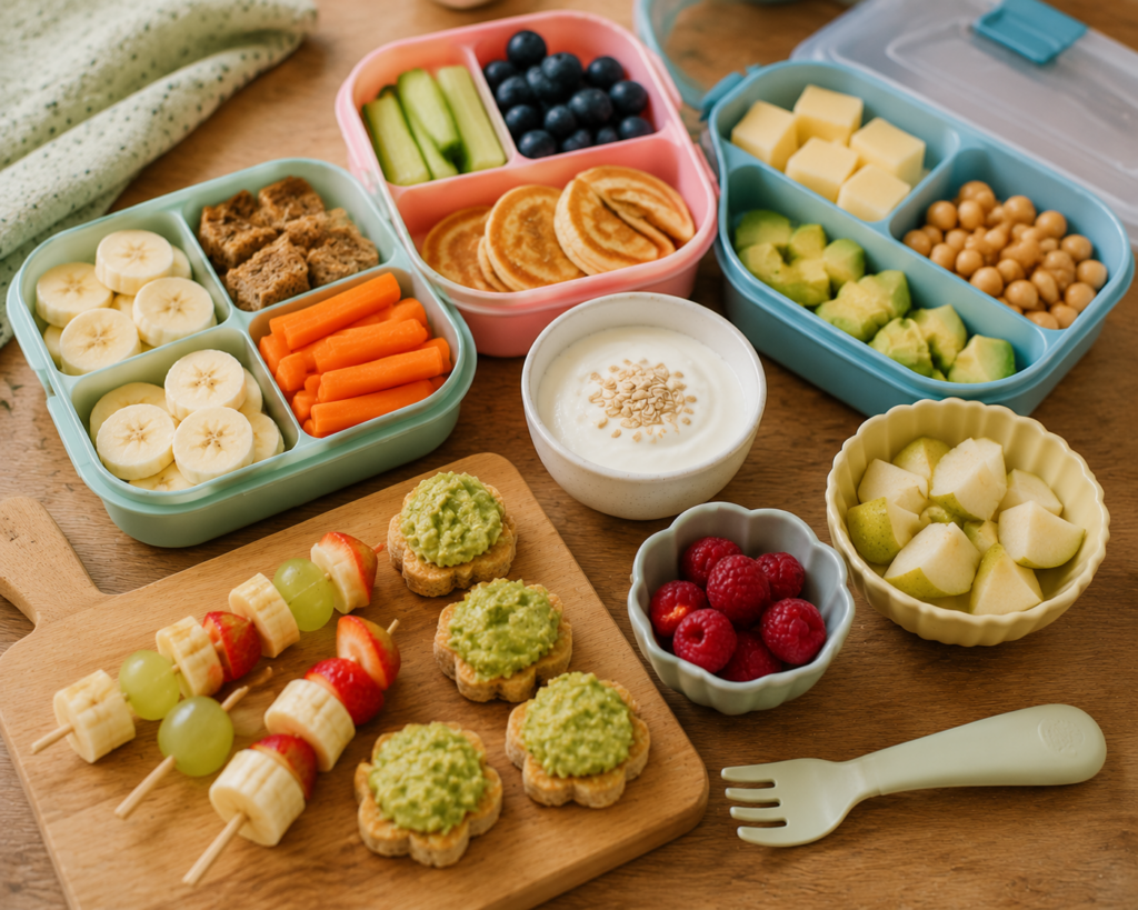 Snackboxen mit gesunden Obst Gemüse und Vollkorn-Snacks für Kleinkinder