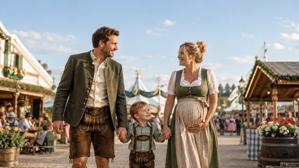 Familie mit Kleinkind und schwangerer Mama in abgestimmten Oktoberfest Outfits auf der Wiesn