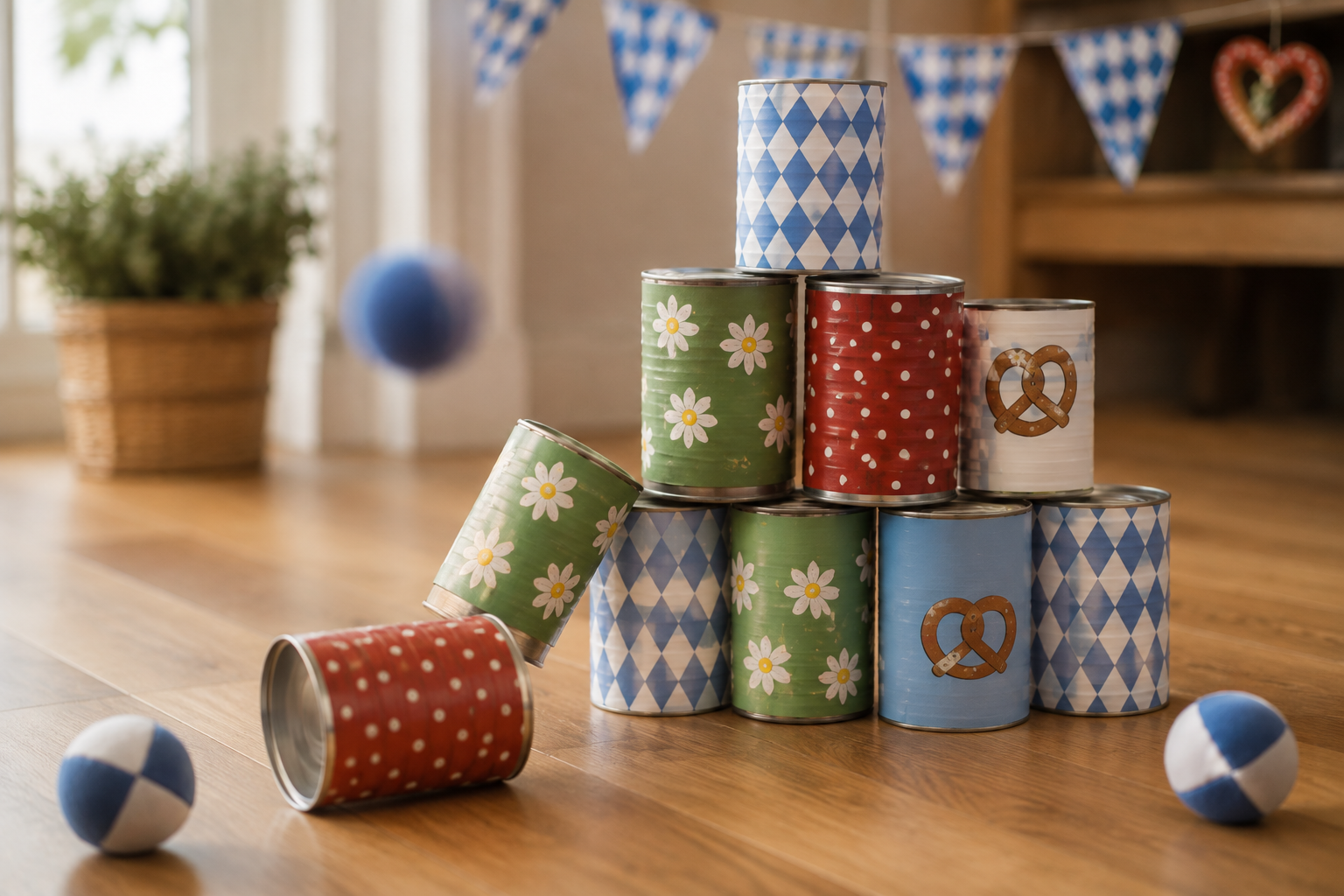 Dosenpyramide für kinderfreundliches Dosenwerfen bei einer Mini-Wiesn zuhause.