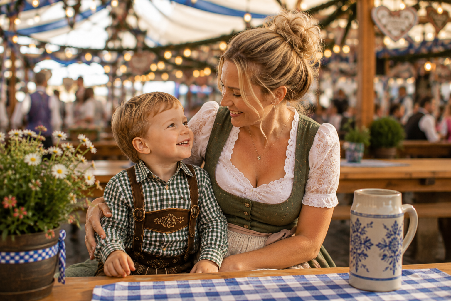 Mama und Kleinkind in Trachten sitzen gemeinsam im Oktoberfest-Bierzelt