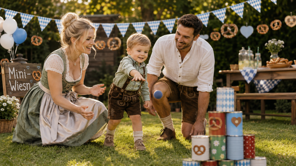 Familie spielt Dosenwerfen auf einer Mini-Wiesn zuhause im festlich dekorierten Garten.