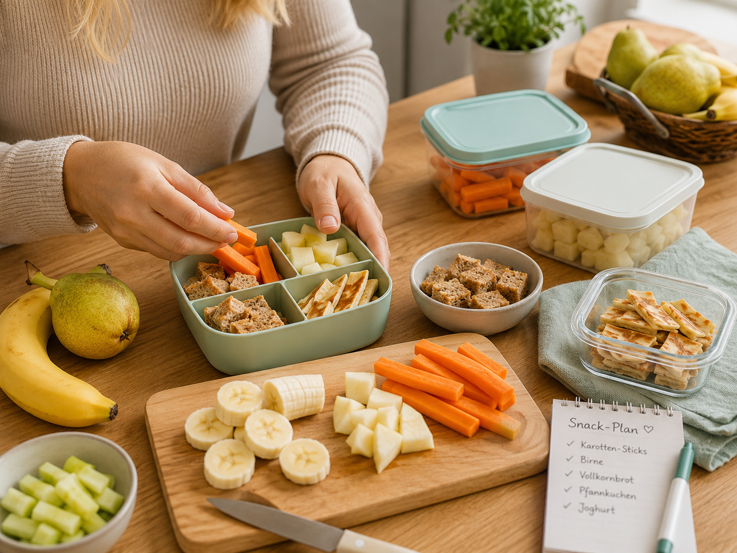 Mutter bereitet eine Snackbox mit gesunden Snacks für ein Kleinkind vor