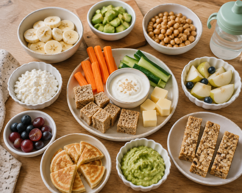 Auswahl gesunder Snacks für Kleinkinder mit Obst Gemüse Vollkornbrot und kindgerechten Häppchen auf einem Holztisch