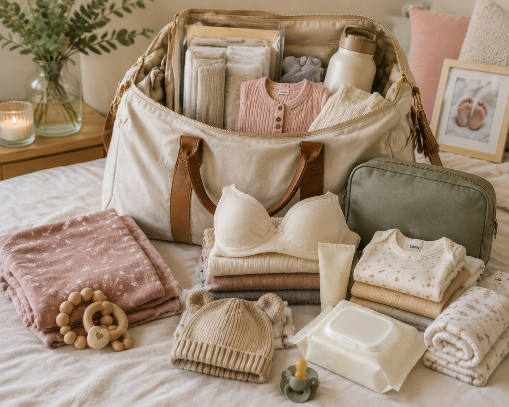 Gepackte Kliniktasche zur Geburt mit Kleidung und Utensilien für Mama und Baby