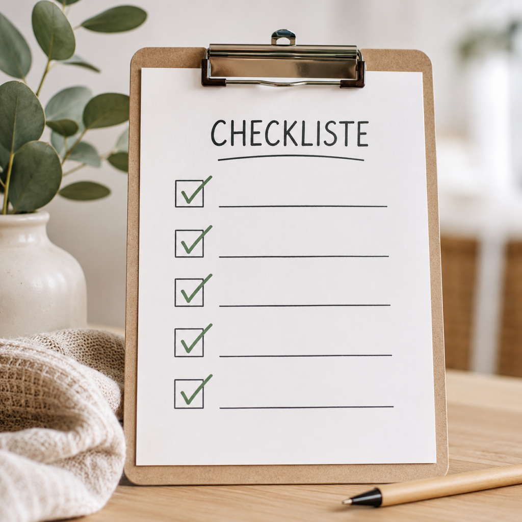 Checkliste mit grünen Häkchen auf einem Holz-Clipboard