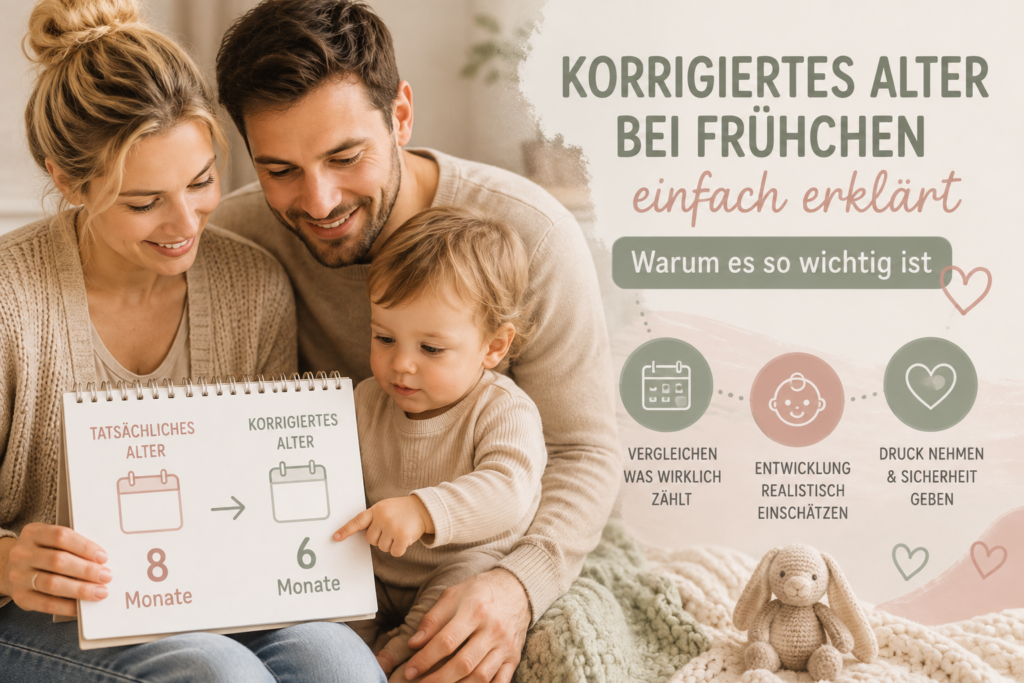 Eltern erklären ihrem Frühchen mithilfe eines Kalenders das korrigierte Alter als Symbol für die altersgerechte Entwicklung.