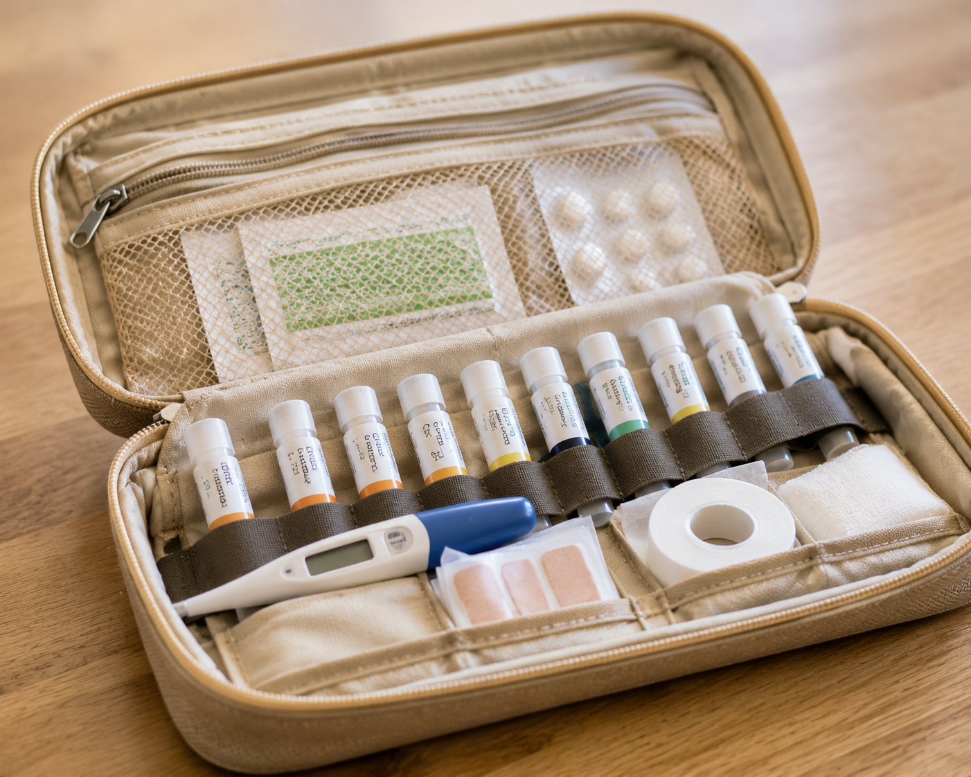 Geöffnete Reiseapotheke mit Globuli Röhrchen und wichtigen Erste-Hilfe-Utensilien für Familienreisen