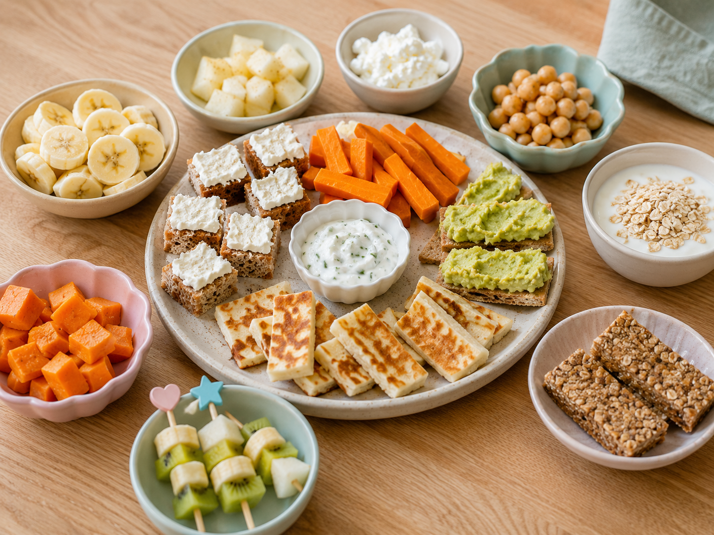 Gesunde Snackideen für Kleinkinder mit Obst, Gemüse, Vollkornbrot und Joghurt