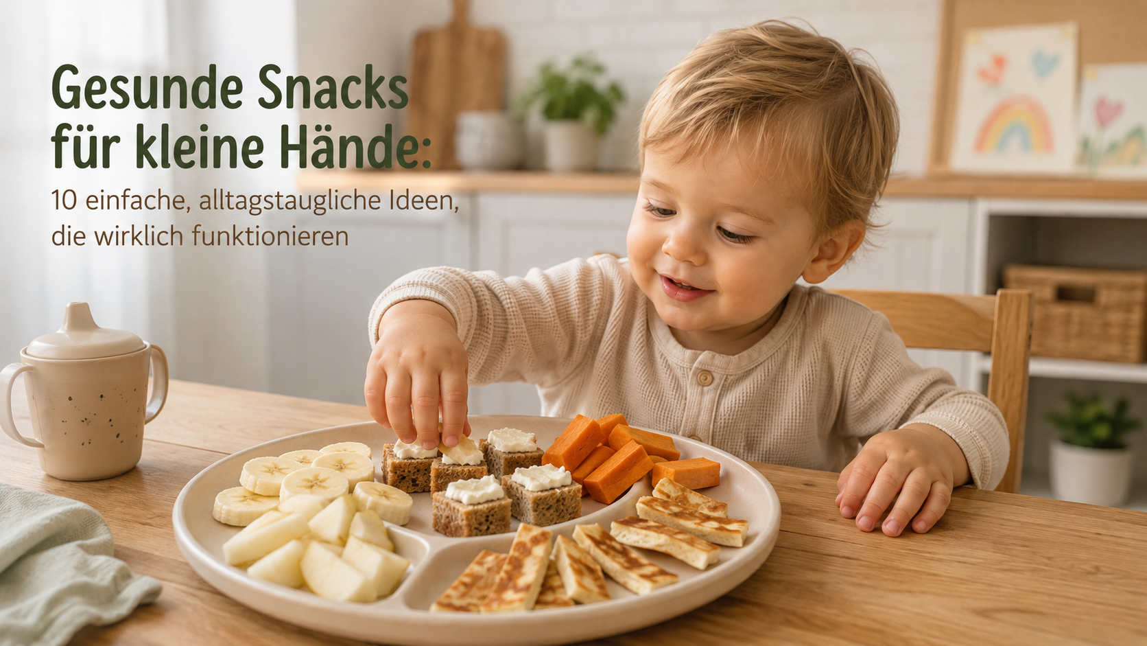 Kleinkind am Tisch mit gesunden Snacks aus Obst, Gemüse und Vollkornbrot