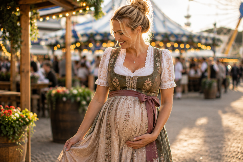 Schwangere Frau im modernen Dirndl 2026 auf dem Oktoberfest