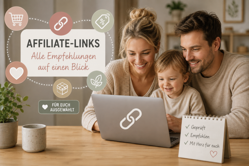 Familie am Laptop mit Übersicht aller Affiliate-Links und Produktempfehlungen von Herzenswissen.