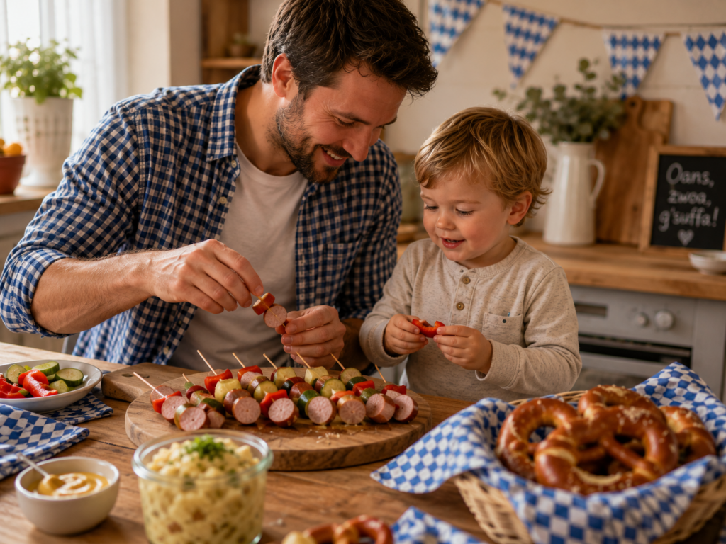 Vater und Kleinkind bereiten gemeinsam kindgerechte Bratwurst-Spieße für ein Oktoberfest zuhause zu.