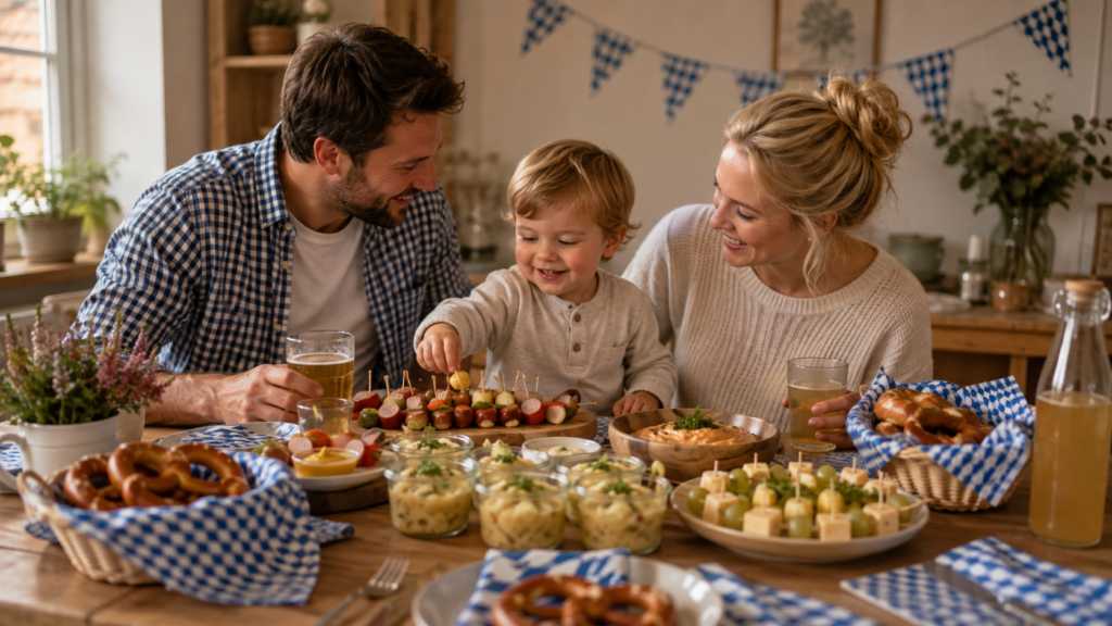 Familie feiert Oktoberfest zuhause mit Mini-Brezeln, Bratwurst-Spießen und einfachen Wiesn-Snacks für Groß und Klein