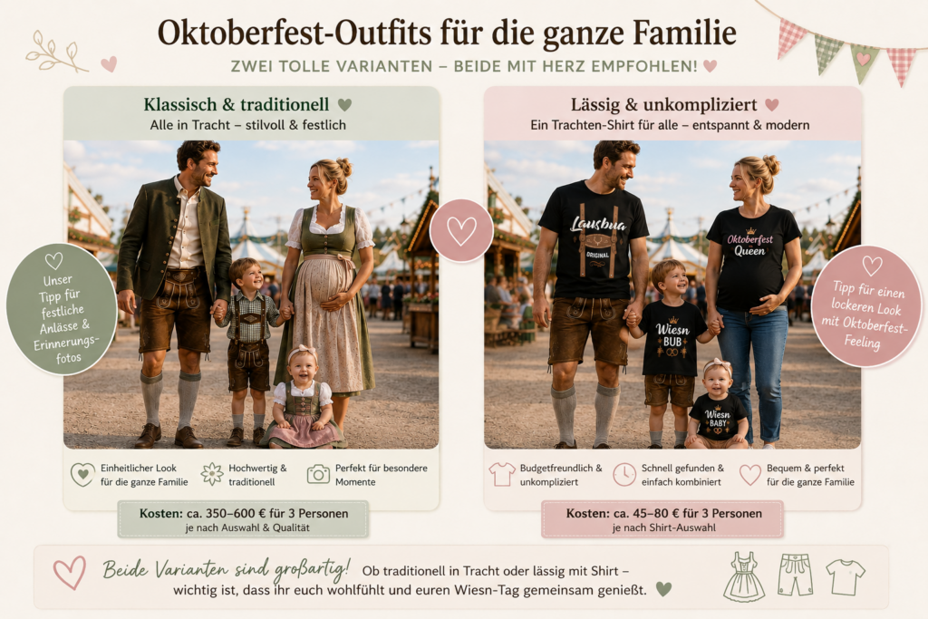 Vergleich von Oktoberfest-Outfits für Familien mit klassischer Tracht und lässigen Trachtenshirts für Mama, Papa und Kinder.