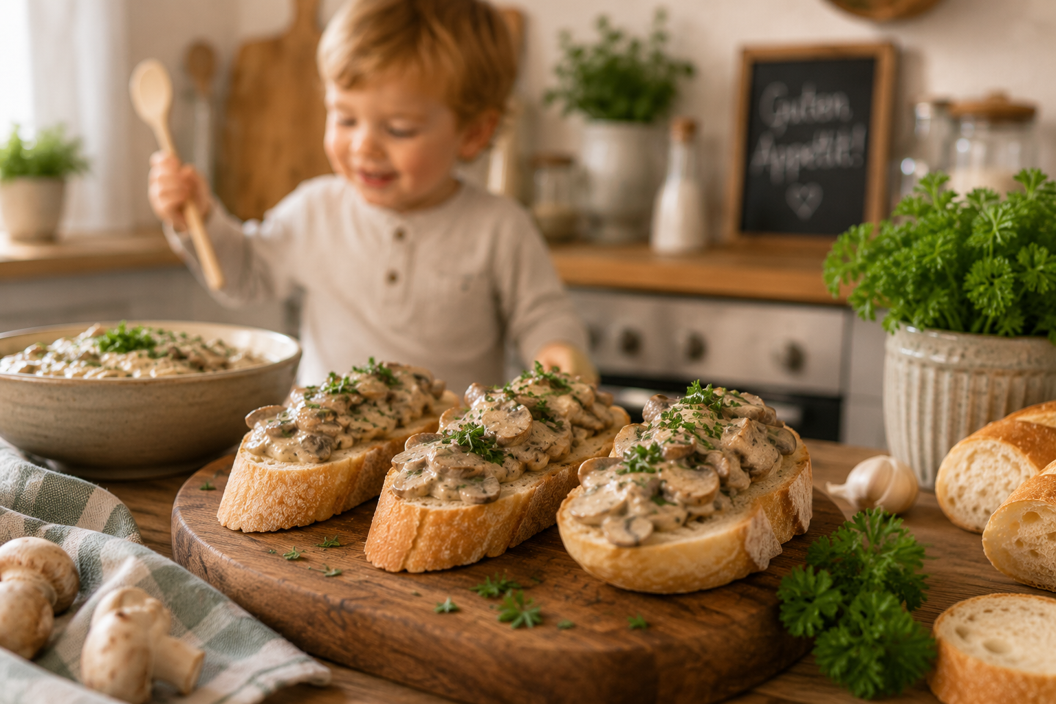 Rahmchampignons auf Baguette als cremiger Oktoberfest-Snack, während Timmy mit einem Kochlöffel unscharf im Hintergrund spielt.