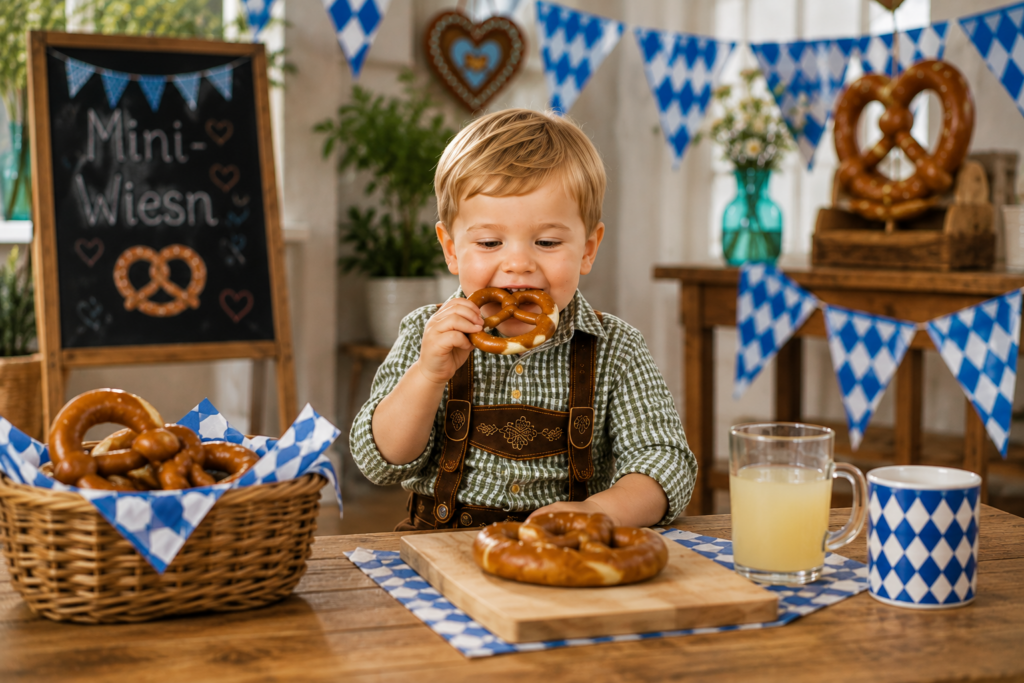 Kleinkind isst eine Brezel bei einer liebevoll dekorierten Mini-Wiesn zuhause.
