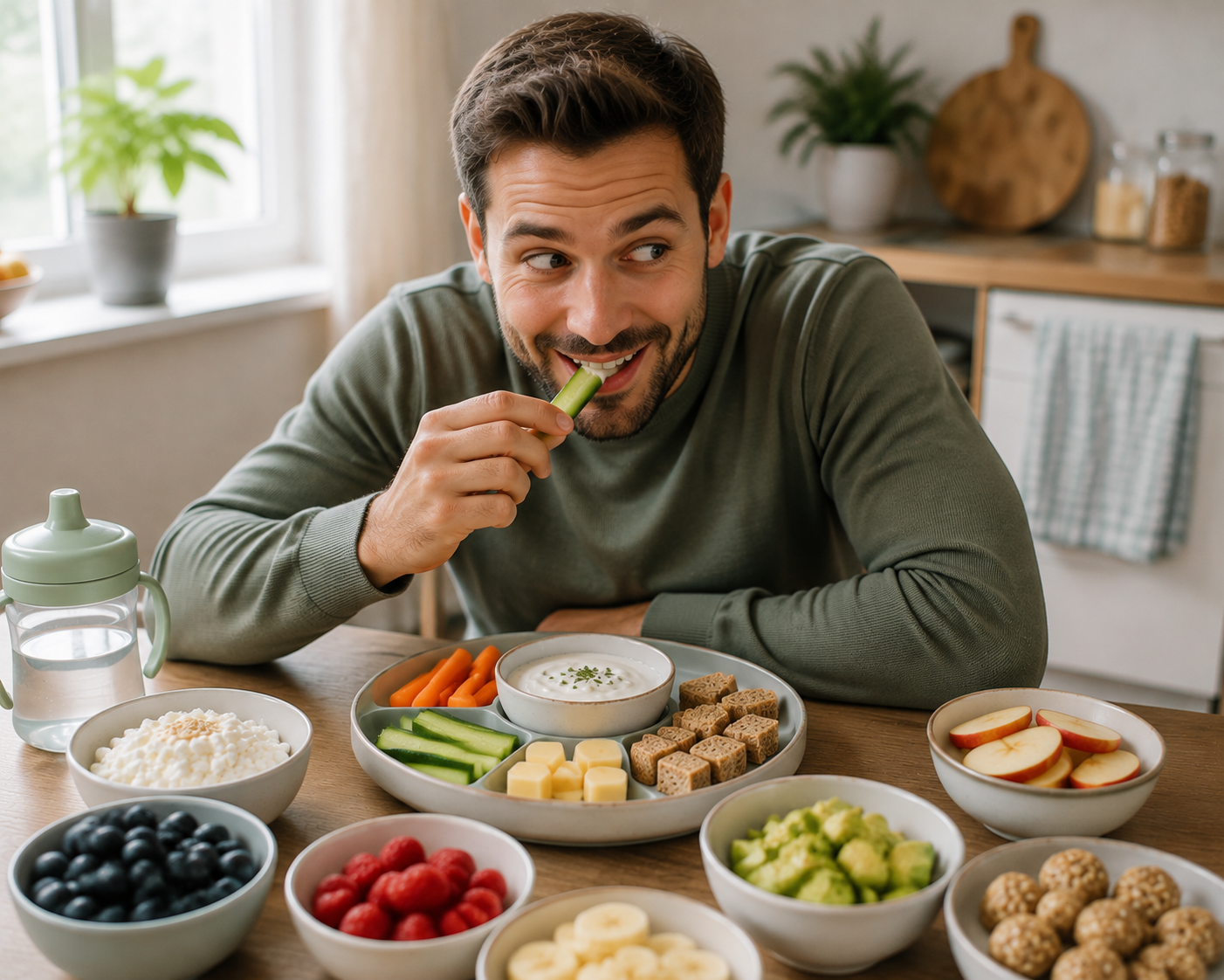 Papa probiert verschmitzt gesunde Kleinkind-Snacks mit Gemüse Obst und Dip am Küchentisch