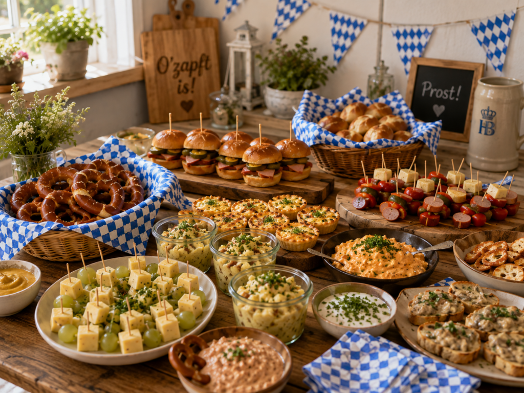 Liebevoll angerichtetes Oktoberfest-Buffet mit Brezeln, Mini-Slidern, Kartoffelsalat und weiteren einfachen Wiesn-Snacks für zuhause.