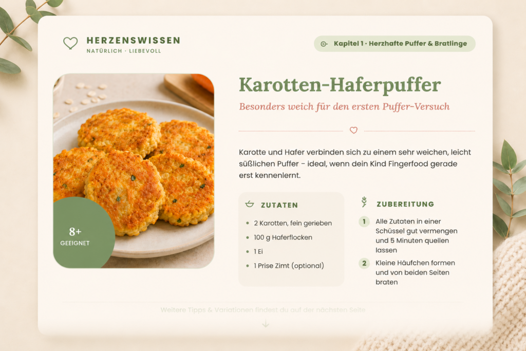 Rezeptbeispiel für Karotten-Haferpuffer aus dem Herzenswissen Fingerfood-Guide für Kleinkinder